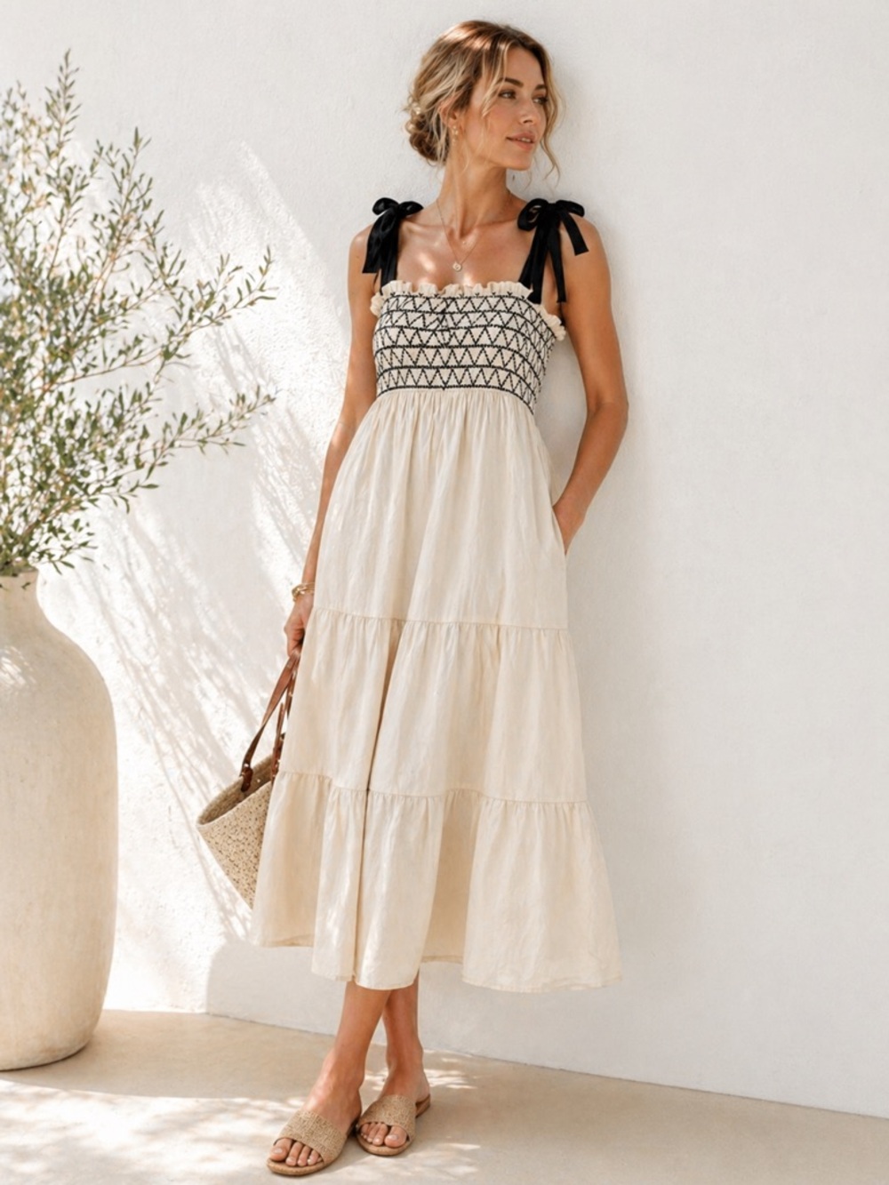Trixxi Cream Midi Dress with Black Straps and Smocked Bodice